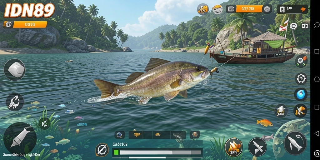 Screenshot utama IDN89 menampilkan momen menangkap ikan yang mendebarkan.