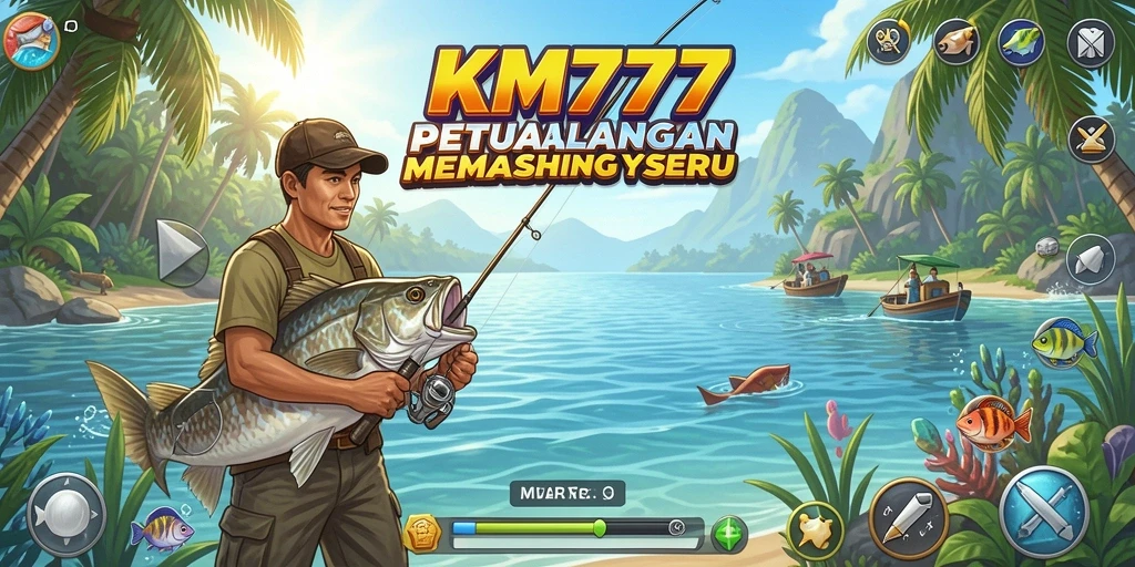 Screenshot gameplay KM777 menunjukkan momen seru saat menangkap ikan.