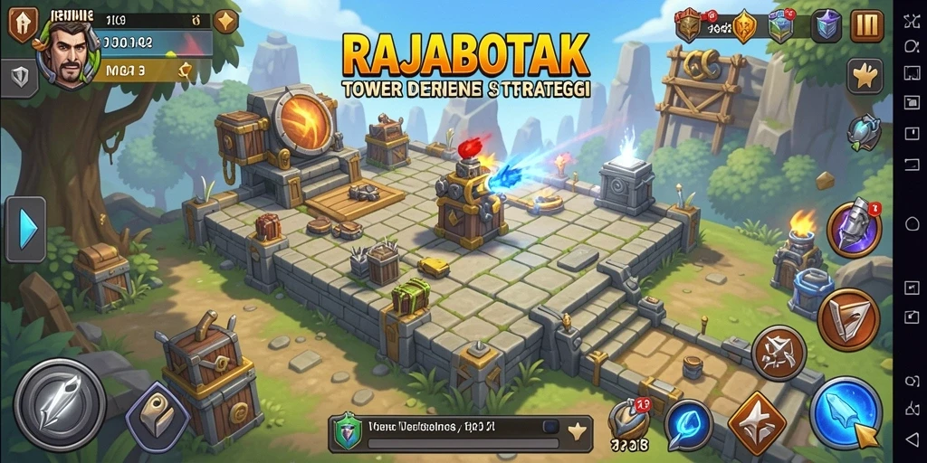 Tangkapan layar gameplay RAJABOTAK menunjukkan menara yang sedang beroperasi melawan serangan musuh.