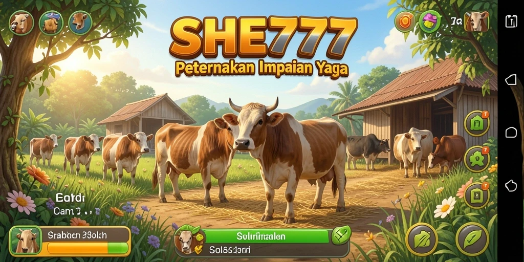 Tampilan gameplay SHE777 dengan ladang virtual yang rimbun dan berwarna.