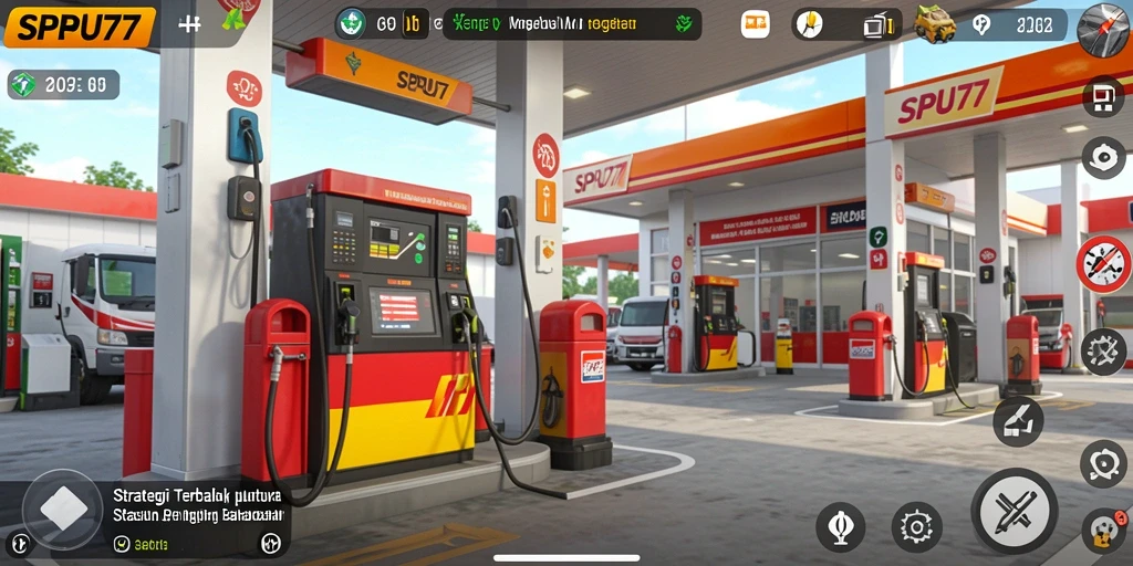 Tampilan gameplay SPBU77 dengan manajemen stasiun pengisian bahan bakar.