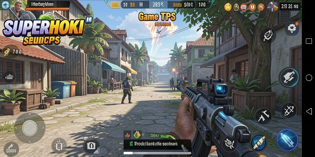Screenshot utama SUPERHOKI menampilkan pertempuran intens di arena TPS.