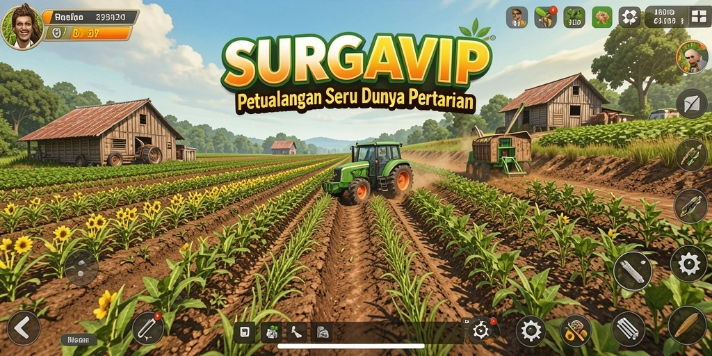 Screenshot gameplay SURGAVIP menunjukkan kebun yang subur dan hewan ternak yang aktif.